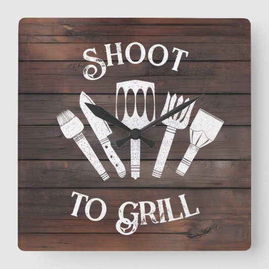 Rustieke 'Shoot To Grill' - Grappig BBQ-cadeau Vierkante Klok (Voorkant)