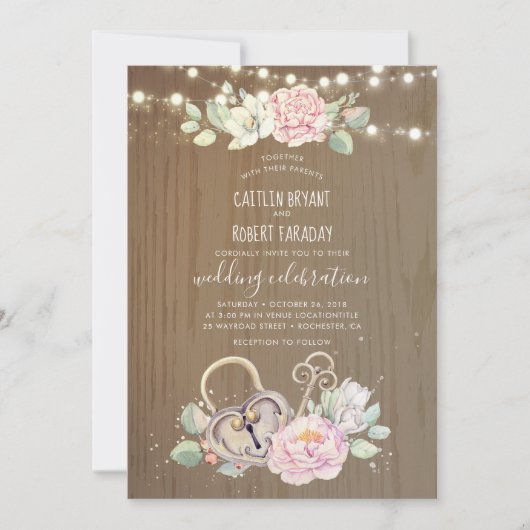 Rustieke sleutel en slotbruiloft kaart (Voorkant)