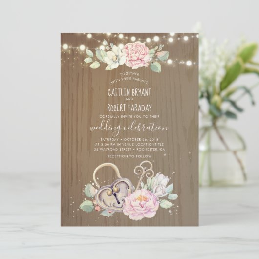 Rustieke sleutel en slotbruiloft kaart (Staand voorkant)