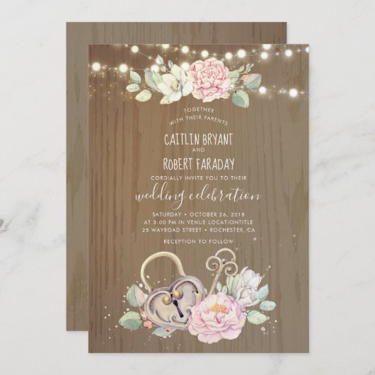 Rustieke  sleutel en slotbruiloft kaart (Voorkant / Achterkant)