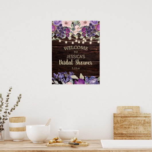 Rustieke Slinger Licht Paarse Bloemrijke Bruidsfee Poster (Keuken)