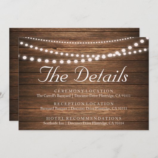 Rustieke slinger verlichtings bruiloft details kaa kaart (Voorkant / Achterkant)