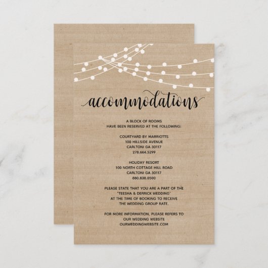 Rustieke slingerlichten bruiloft accommodatie kaar informatiekaartje (Voorkant / Achterkant)