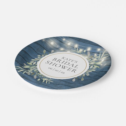 Rustieke Slingerlichten Groene Bruidsdouche Papieren Bordje (Gekanteld)