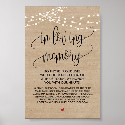 Rustieke slingerlichten Huwelijk Herdenkingstafel  Poster (Voorkant)