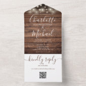 Rustieke slingerlichten QR-code monogram bruiloft All In One Uitnodiging (Binnen)