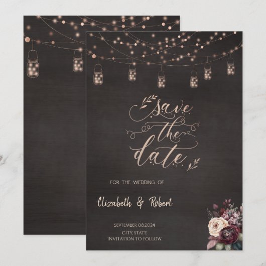 Rustieke Slingerlichten Rozen Save The Date (Voorkant / Achterkant)