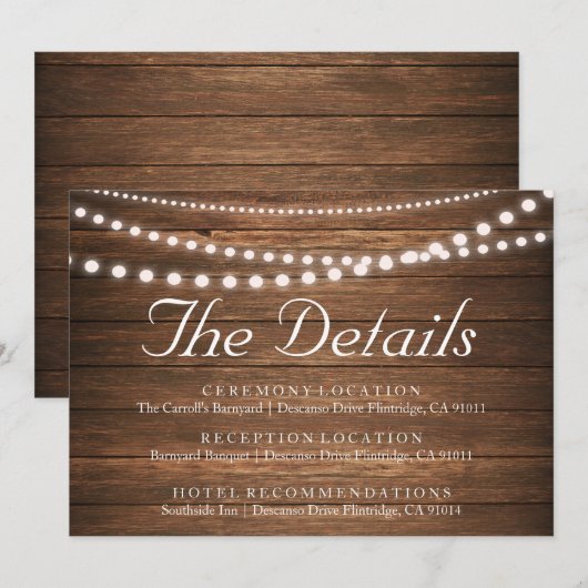 Rustieke slingerlichten trouwdetails kaart (Voorkant / Achterkant)