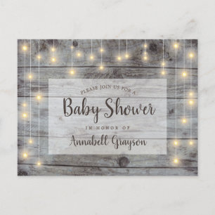 Rustieke slingerlichtjes houten babyshower uitnodiging briefkaart