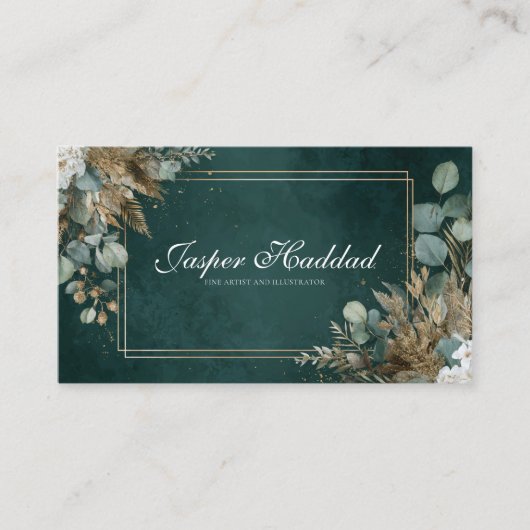 Rustieke Smaragd Goud Eucalyptus Witte Bloemen Mod Visitekaartje (Voorkant)