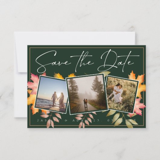 Rustieke Smaragd Groene Herfst Blad Drie Foto Brui Save The Date (Voorkant)