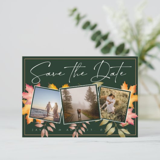 Rustieke Smaragd Groene Herfst Blad Drie Foto Brui Save The Date (Staand voorkant)