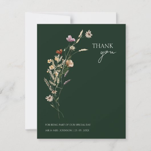 Rustieke Smaragd Groene Herfst Wildbloemen Bruilof Bedankkaart (Voorkant)