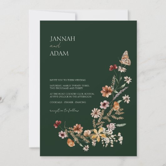 Rustieke Smaragd Groene Herfst Wildbloemen Bruilof Kaart (Voorkant)