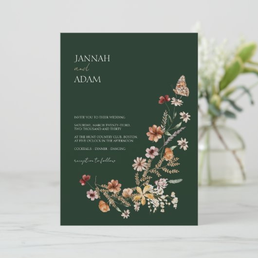 Rustieke Smaragd Groene Herfst Wildbloemen Bruilof Kaart (Staand voorkant)