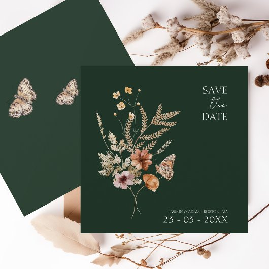 Rustieke Smaragd Groene Herfst Wildbloemen Bruilof Save The Date