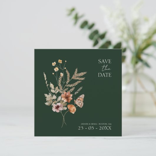 Rustieke Smaragd Groene Herfst Wildbloemen Bruilof Save The Date (Staand voorkant)