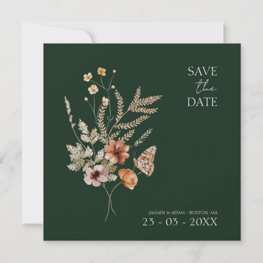 Rustieke Smaragd Groene Herfst Wildbloemen Bruilof Save The Date (Voorkant)