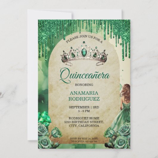 Rustieke Smaragd Groene Tiara Quinceañera Rozen Bo Kaart (Voorkant)
