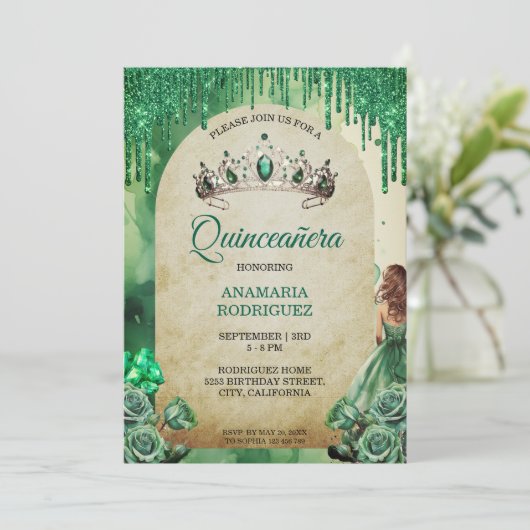 Rustieke Smaragd Groene Tiara Quinceañera Rozen Bo Kaart (Staand voorkant)