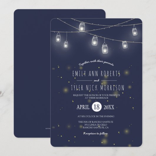 Rustieke snaren van Mason Jars Fireflies bruiloft Kaart (Voorkant / Achterkant)