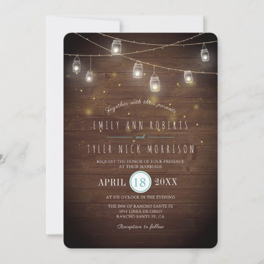 Rustieke snaren van Mason Jars Fireflies bruiloft Kaart (Voorkant)