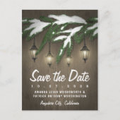 Rustieke sneeuw Evergreen lantaarn Bewaar de datum Aankondigingskaart (Voorkant)