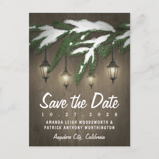 Rustieke sneeuw Evergreen lantaarn Bewaar de datum Aankondigingskaart (Voorkant)