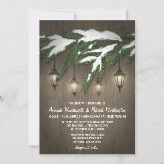 Rustieke Sneeuw Evergreen Lantaarn Bruiloft Uitnod Kaart (Voorkant)