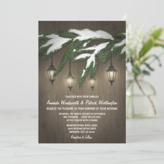Rustieke Sneeuw Evergreen Lantaarn Bruiloft Uitnod Kaart (Staand voorkant)