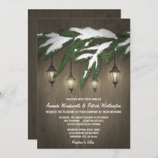 Rustieke Sneeuw Evergreen Lantaarn Bruiloft Uitnod Kaart (Voorkant / Achterkant)