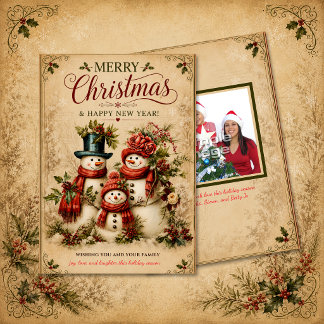 Rustieke Sneeuwman Familie Foto Kerstmis | Kaart