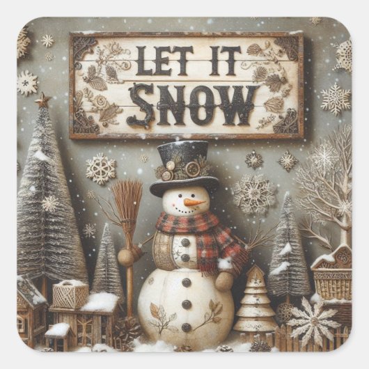 Rustieke sneeuwman 'Let It Snow' winterse Sticker (Voorkant)
