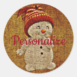 Rustieke Sneeuwman op jute winter bruin rood Ronde Sticker
