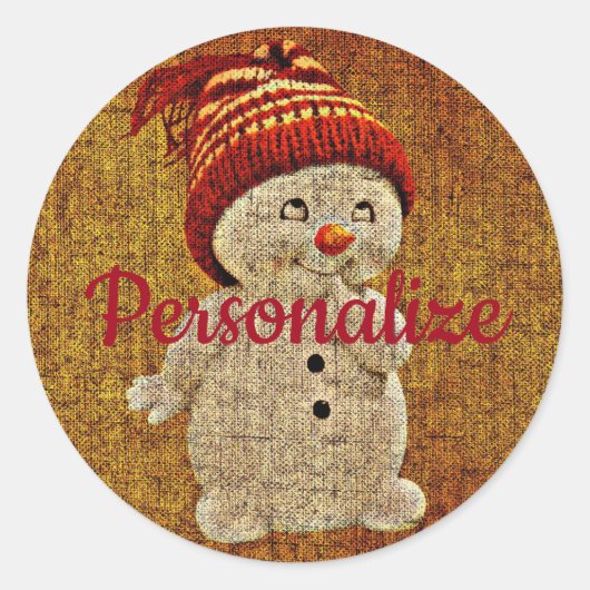 Rustieke Sneeuwman op jute winter bruin rood Ronde Sticker (Voorkant)