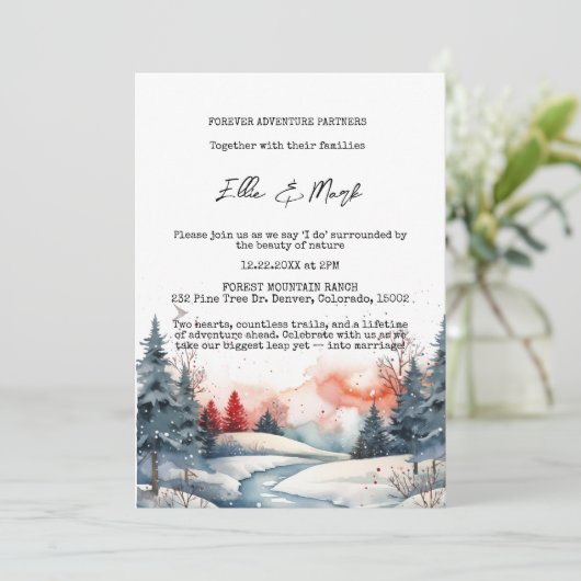 Rustieke Sneeuwrijke Winter Forest Sunset Wedding Kaart (Staand voorkant)