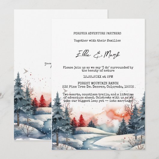 Rustieke Sneeuwrijke Winter Forest Sunset Wedding Kaart (Voorkant / Achterkant)