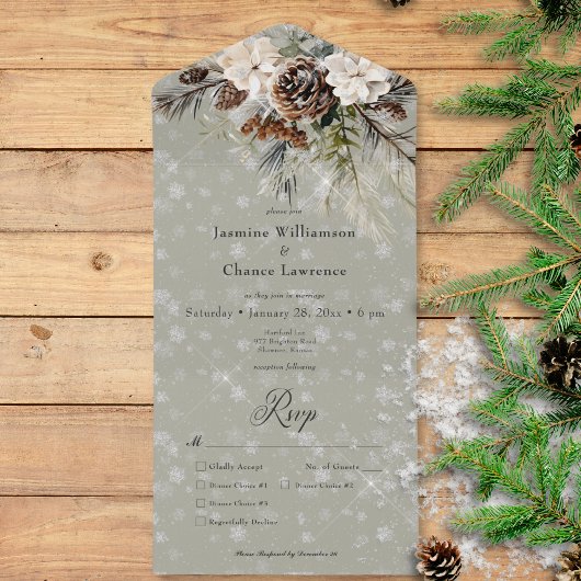 Rustieke sneeuwval Pine & White Floral Salie Diner All In One Uitnodiging