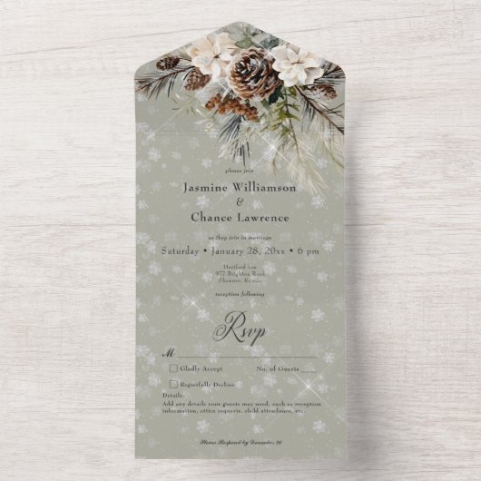 Rustieke Sneeuwval Pine & Witte Bloemen Wijze Deta All In One Uitnodiging (Binnen)