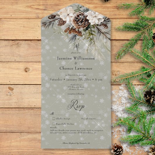 Rustieke Sneeuwval Pine & Witte Bloemen Wijze Deta All In One Uitnodiging