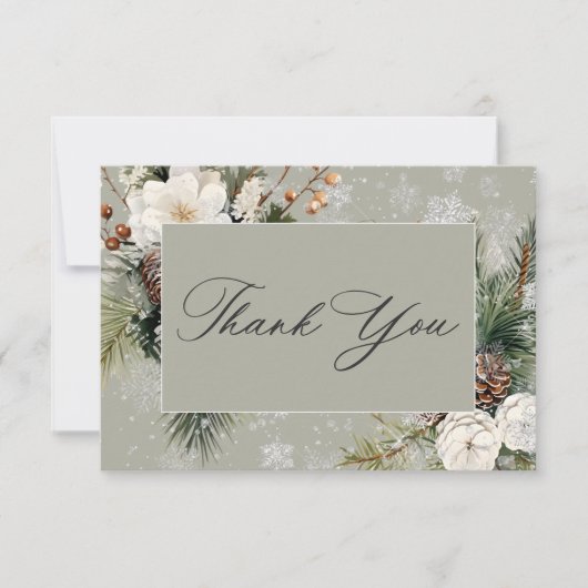 Rustieke Sneeuwval Pine & Witte Bloemen Wijze Huwe Bedankkaart (Voorkant)