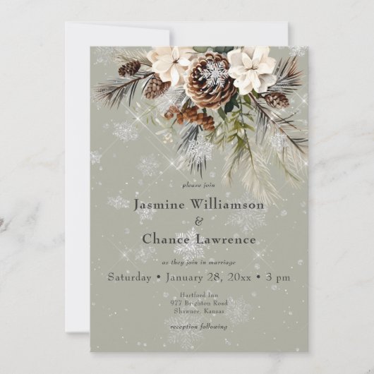 Rustieke Sneeuwval Pine & Witte Bloemen Wijze Huwe Kaart (Voorkant)