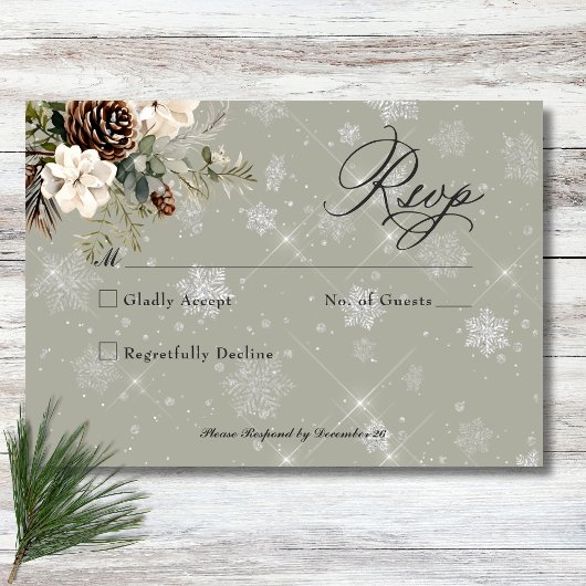 Rustieke Sneeuwval Pine & Witte Bloemen Wijze Huwe RSVP Kaartje