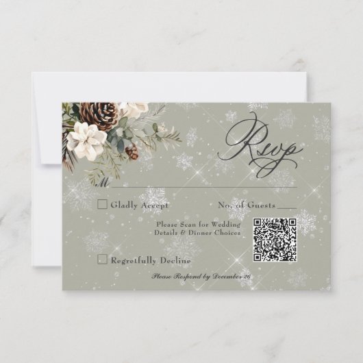Rustieke Sneeuwval Pine & Witte Bloemen Wijze Huwe RSVP Kaartje (Voorkant)