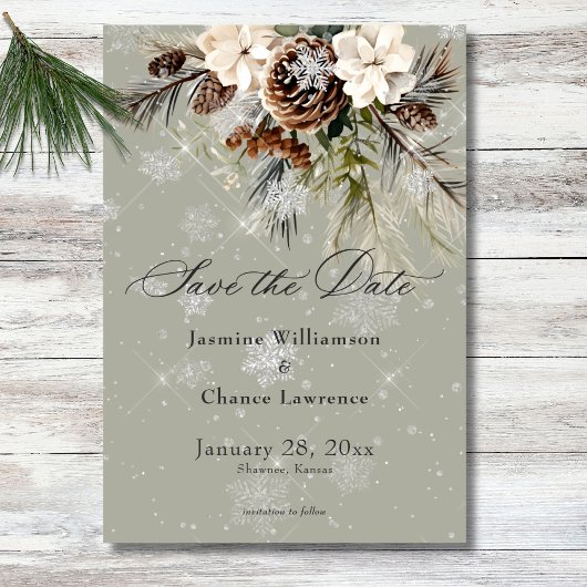 Rustieke Sneeuwval Pine & Witte Bloemen Wijze Huwe Save The Date