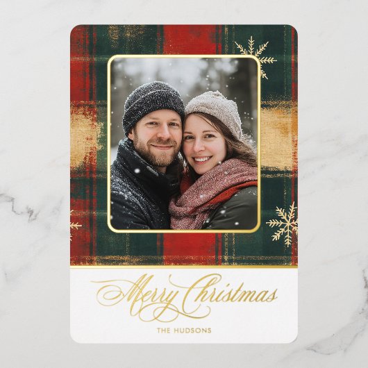 Rustieke sneeuwvlok Plaid Foto Vrolijk Kerstmis Folie Feestdagenkaart (Voorkant)