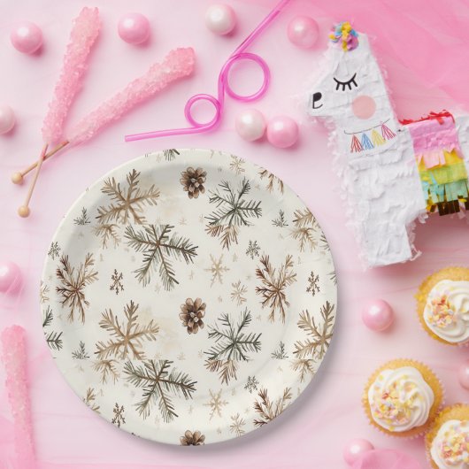 Rustieke sneeuwvlokken en dennenappels papieren bordje (Feest)