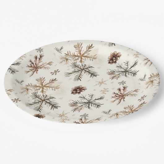 Rustieke sneeuwvlokken en dennenappels papieren bordje (Gekanteld)