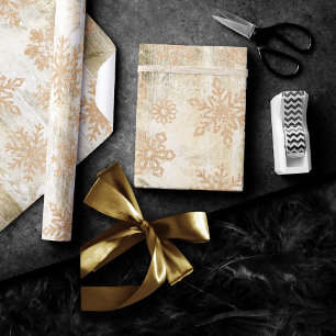 Rustieke sneeuwvlokken Gouden Grunge Witte houte Cadeaupapier
