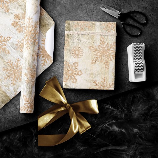 Rustieke sneeuwvlokken | Gouden Grunge Witte houte Cadeaupapier